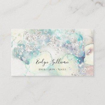 teal watercolor silver glitter business card