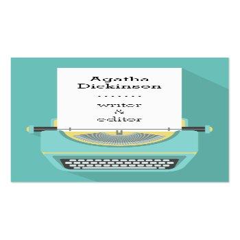 Small Teal Yellow Retro Typewriter Professional Writer Business Card Front View