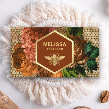 terracotta floral gold foil honeycomb honey bee business card