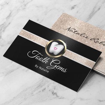 Small Tooth Gems Modern Black Dental Beauty Salon Business Card Front View