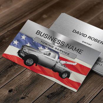 towing service metal tow truck patriotic business card