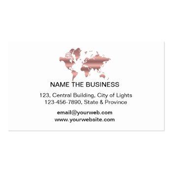 Small Travel Agent Faux Rose Gold World Map Destination Business Card Back View