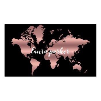 Small Travel Agent Faux Rose Gold World Map Destination Business Card Front View