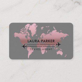travel agent world map vacation rose gold business card