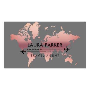Small Travel Agent World Map Vacation Rose Gold Business Card Front View