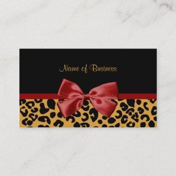 trendy black and gold leopard print red ribbon business card