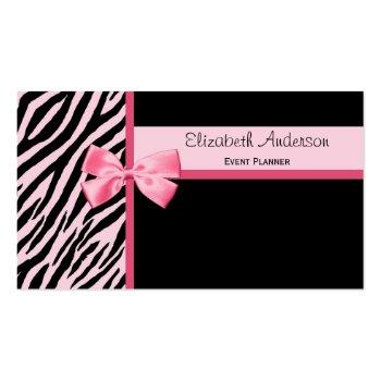 Small Trendy Event Planner Pink And Black Zebra With Bow Business Card Front View