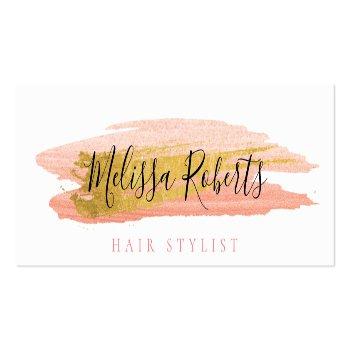 Small Trendy Gold And Pink Hair Stylist Business Card Front View