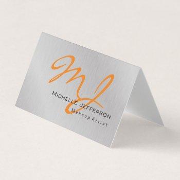 trendy makeup artist silver grey orange monogram business card
