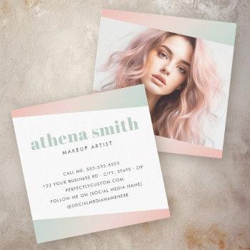 trendy modern pink mint green gradient photo square business card