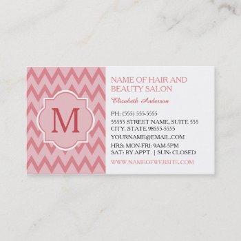 trendy pink chevron zigzag monogram beauty salon business card