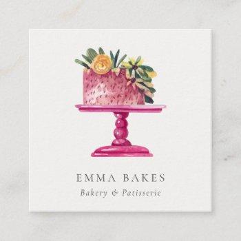 trendy pink floral cake patisserie cupcake bakery square business card