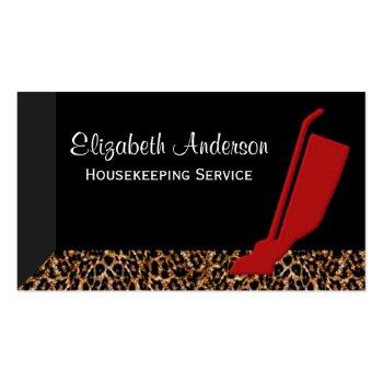 Small Trendy Red Vacuum Leopard Housekeeping Service Business Card Front View