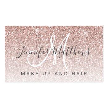 Small Trendy Rose Gold Glitter Makeup Artist Hair Salon Business Card Front View