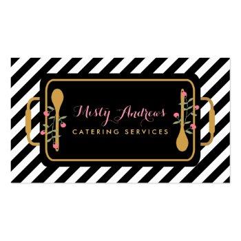 Small Trendy Stripes Party Caterer Floral Serving Tray Business Card Front View
