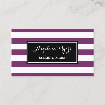 trendy wide purple and white stripes cosmetologist business card
