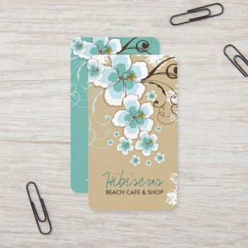 Small Tropical Blue Hibiscus Flowers And Swirls Rustic Business Card Front View