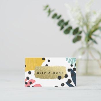 tropical collage & gold metallic look business card
