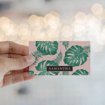 tropical pink & green palm leaves pattern & name business card