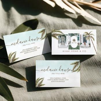 Small Tropical Watercolor Palm Trees Boho Photo Business Card Front View