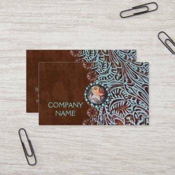 turquoise brown western country tooled leather business card