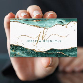  turquoise teal agate gold glitter monogram script business card