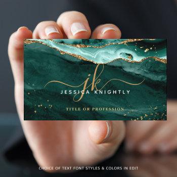  turquoise teal agate gold glitter script monogram business card