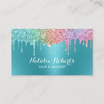 unicorn glitter drips teal makeup artist salon business card