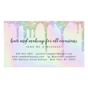 Small Unicorn Holographic Glitter Drips Glam Makeup Hair Business Card Back View