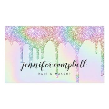Small Unicorn Holographic Glitter Drips Glam Makeup Hair Business Card Front View