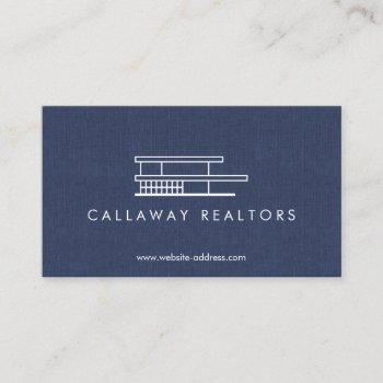 unique modern home logo on navy linen real estate business card