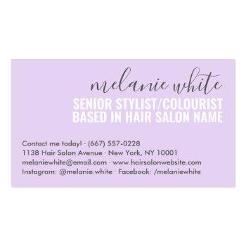 Small Unique Pastel Purple Like A Boss Script Chic Hair Business Card Back View