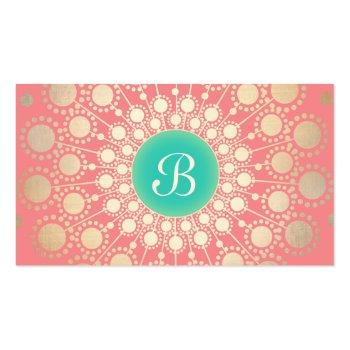 Small Unique Turquoise, Gold, Pink Coral Monogram Business Card Front View
