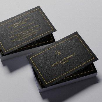 Small Upscale Faux Black Leather Gold Frame Lawyer Business Card Front View