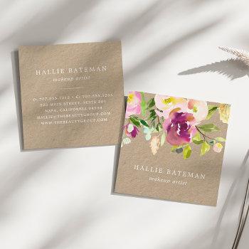 Small Vibrant Bloom | Rustic Watercolor Floral Kraft Square Business Card Front View