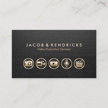 video production services gold icons black metal business card