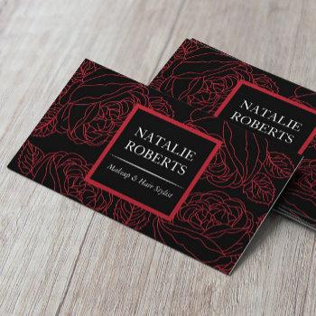 vintage black red floral line art beauty salon spa business card