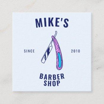 vintage blue mens barbershop razor hair stylist square business card