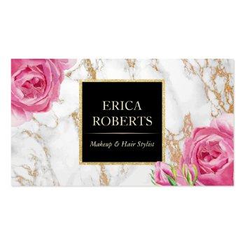 Small Vintage Floral Trendy Gold Marble Makeup Artist Business Card Front View