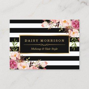 vintage floral wrapping around black white stripes business card