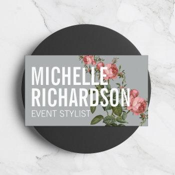 Small Vintage Florals Bold Text On Slate Business Card Front View