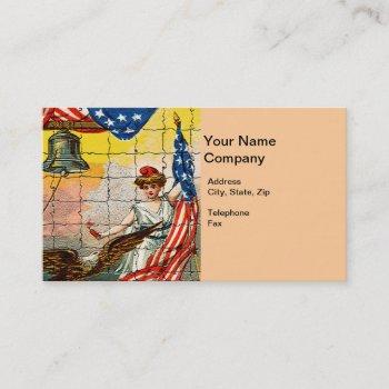 vintage lady, eagle, flag and liberty bell mosiac business card