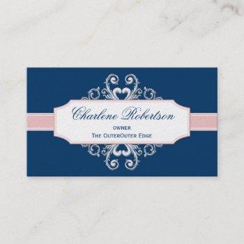vintage navy blue and blush pink swirls business card