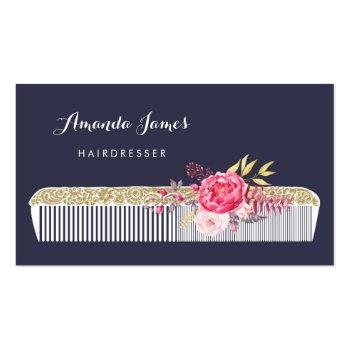 Small Vintage Ornate Hairdresser Comb With Pink Floral Business Card Front View