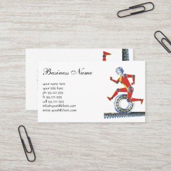 vintage science fiction robot running with wheel business card