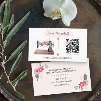 vintage sewing machine and qr code boho floral business card