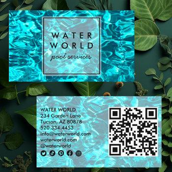 Small Water Sparkles Swimming Pool Service Photo Qr Code Business Card Front View