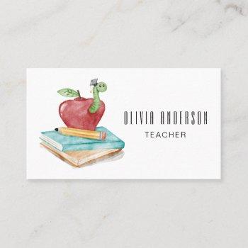 watercolor apple and caterpillar modern teacher business card