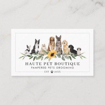 watercolor dog breeds sunflower floral pet groomer business card