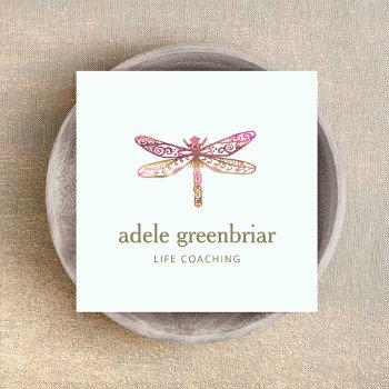 watercolor dragonfly logo holistic healer wellness square business card